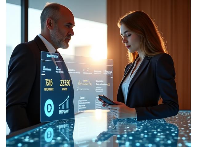 Eine moderne, elegante Beratungsszene mit zwei Fachleuten, die relevante ESG-Daten auf einem transparenten Bildschirm überprüfen, was Expertise und Vertrauen vermittelt.