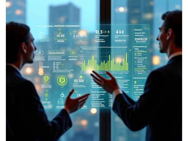 Visualisierung eines ESG Impact Dashboards mit Nachhaltigkeitsmetriken, im Vordergrund saubere Energie und grüne Finanzen