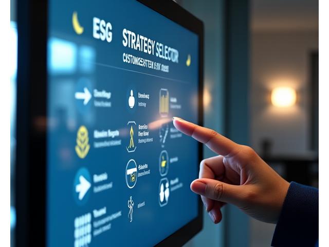 Interaktiver ESG-Strategie-Selektor mit Optionen für individuelle Präferenzen, dargestellt mit verschiedenen Icons und Schiebereglern