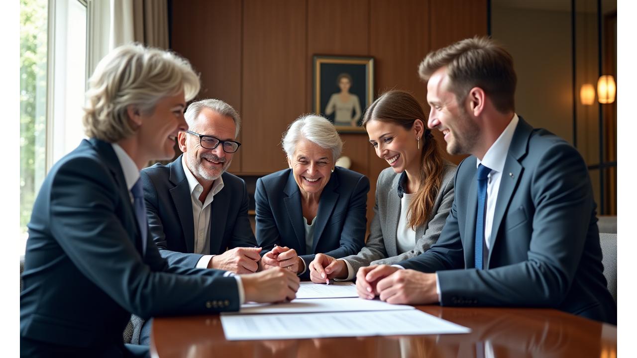 Eine diskrete Familienbesprechung in einem luxuriösen, modernen Büro, symbolisch für Vertrauen und generationsübergreifende Vermögensplanung.