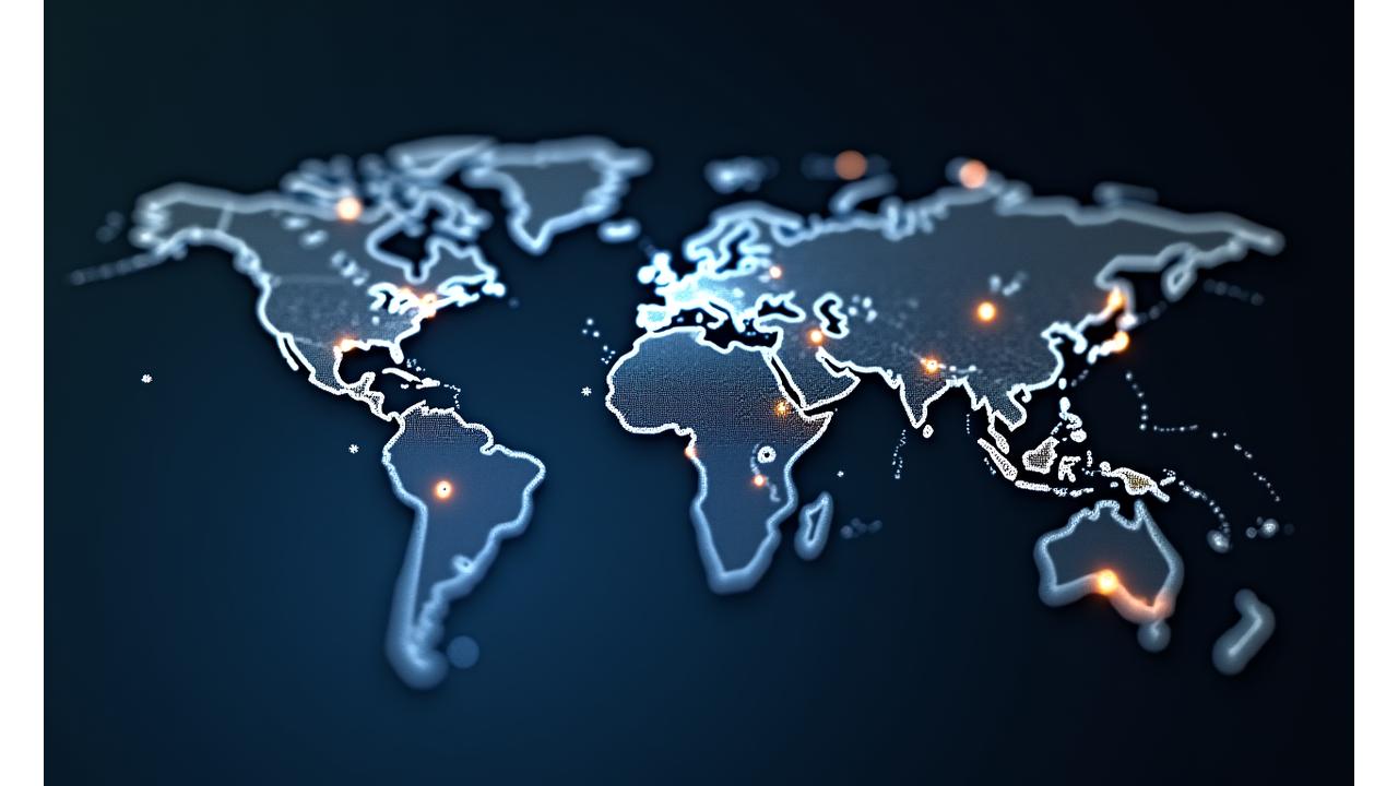 Eine stilisierte Weltkarte mit leuchtenden Verbindungslinien zwischen Kontinenten und Diskretionssymbole an wichtigen Finanzzentren, symbolisierend globale Vernetzung und Vertraulichkeit.