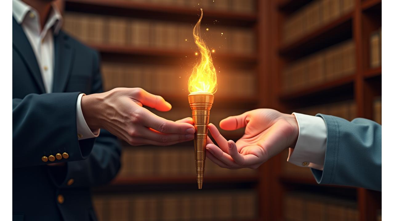 Ein geschäftlicher Händedruck zwischen zwei Generationen vor dem Hintergrund einer auf- und untergehenden Sonne, symbolisierend Übergang, Wachstum und Nachhaltigkeit.