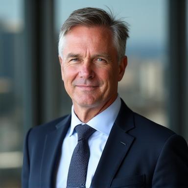 Porträt eines Certified Financial Planners, lächelnd und professionell, im Anzug.