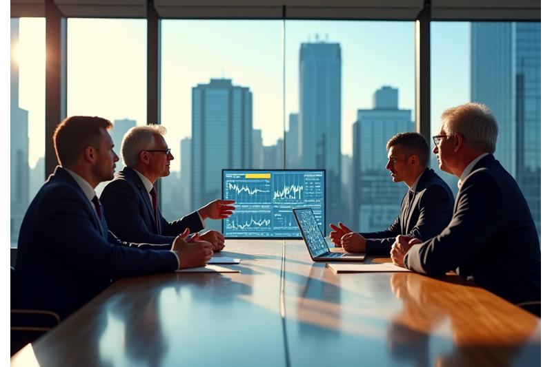 Team von Finanzexperten, die in einem modernen Bürogebäude in Frankfurt am Main strategische Finanzpläne besprechen, mit Blick auf die Skyline.