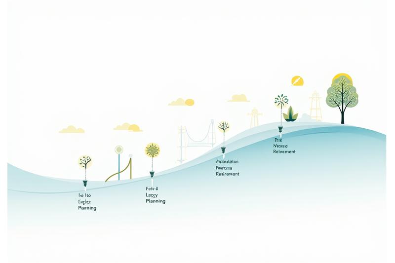 Eine moderne Infografik, die einen Lebenszyklus mit verschiedenen Abschnitten (Vermögensaufbau, Ruhestand, Erbschaft) und zugehörigen Investmentstrategien darstellt.