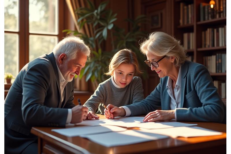 Eine familiäre Szene, bei der verschiedene Generationen zusammenkommen und sich über wichtige Dokumente beugen, was den Übergang von Vermögenswerten und die Kontinuität über Generationen hinweg symbolisiert.
