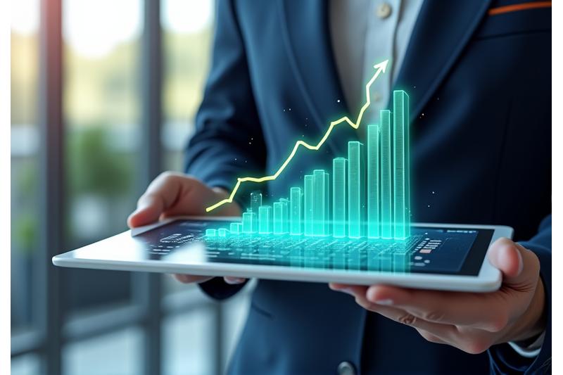 Eine animierte Grafik mit Säulen- und Liniendiagrammen auf einem Tablet, die finanzielle Wachstumskurven und optimierte Steuerstrukturen visualisiert.