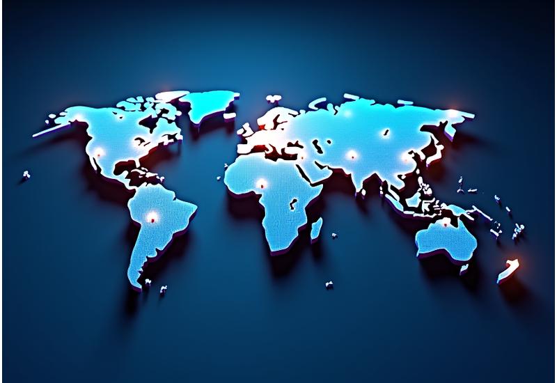 Abstrakte Weltkarte mit hervorgehobenen globalen Finanzzentren und Datenpunkten, die grenzüberschreitende M&A-Flüsse darstellen.