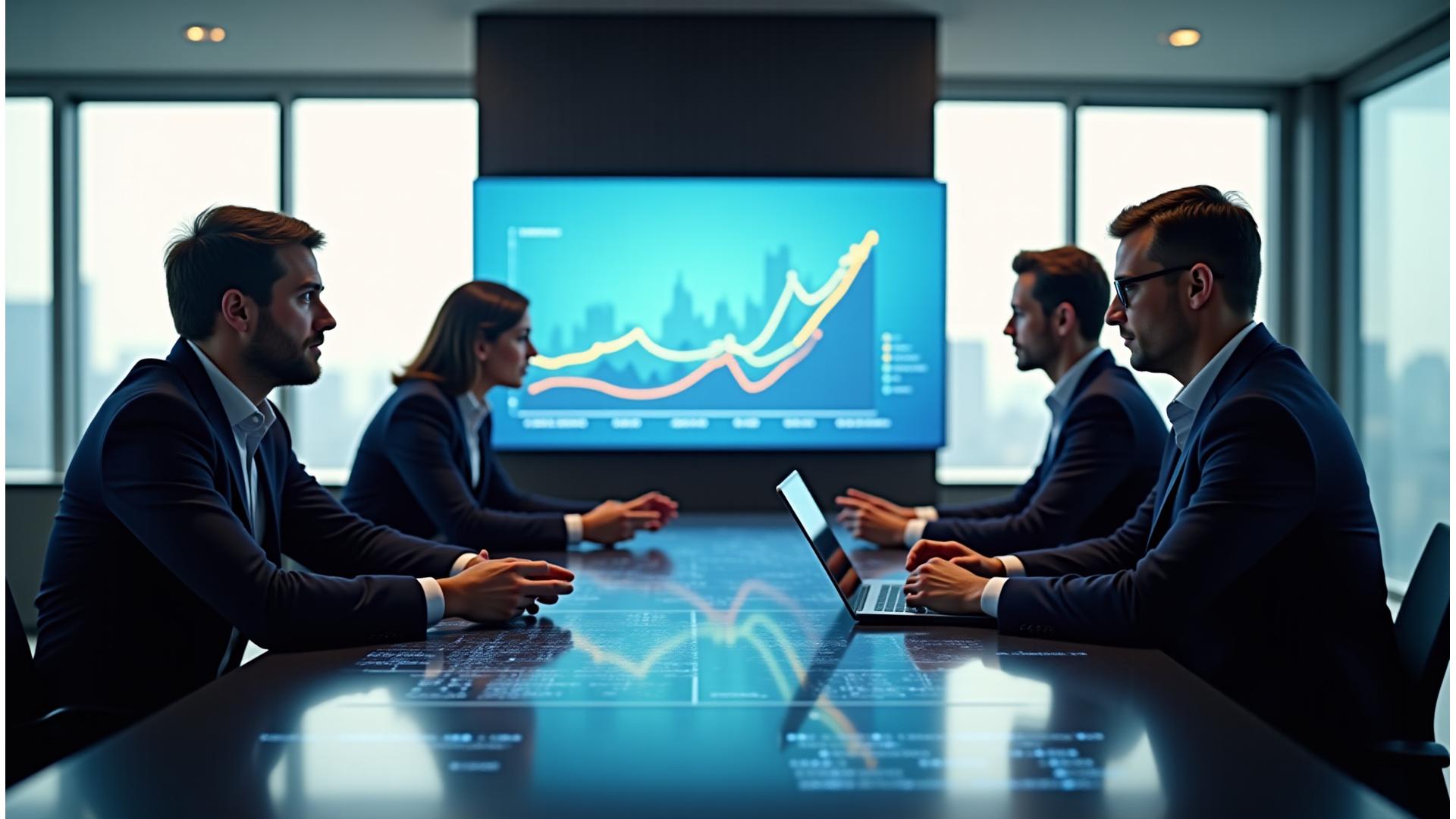Professionelle M&A-Berater an einem Konferenztisch, Hände über einem Tablet mit Diagrammen verschränkt, symbolisiert strategische M&A-Transaktionen.