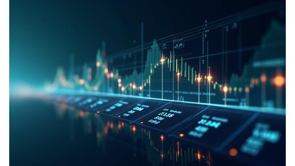 Eine Zeitachse, die verschiedene Marktzyklen (Bärenmarkt, Bullenmarkt, Seitwärtsbewegung) und die entsprechenden Portfolioanpassungen im Laufe der Zeit darstellt, mit finanziellen Graphen im Hintergrund.