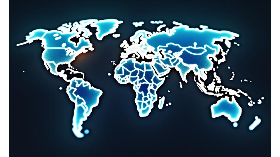 Eine animierte Weltkarte, die verschiedene Regionen und Industriecluster hervorhebt, verbunden mit Linien, die Investment-Flows und Diversifikationsstrategien darstellen.