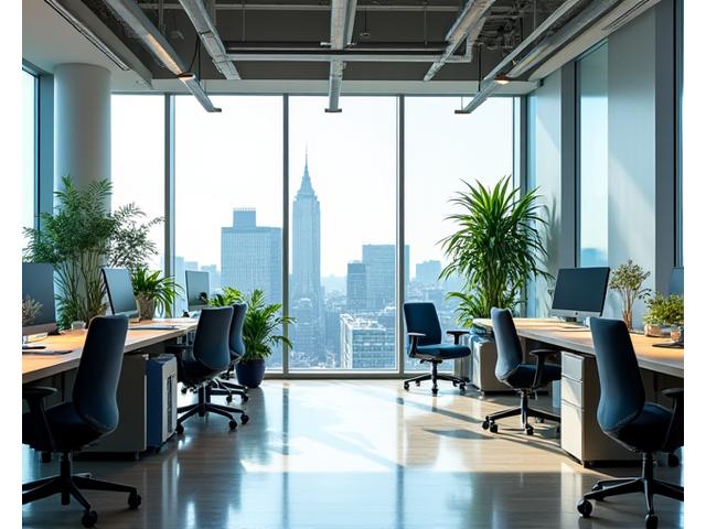 Ein modernes, offenes Büro in der Advisette Investments AG mit Blick auf die Frankfurter Skyline und grüne Pflanzen.