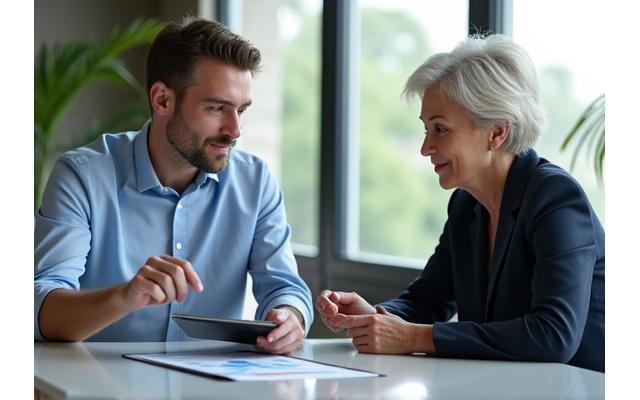 Professioneller Berater im Gespräch mit einem Kunden, der auf ein Tablet zeigt und ihm Anlagestrategien erklärt.